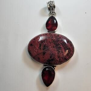 Rhodonite Pendant Necklace Garnet Accents in Handmade Sterling Silver Setting